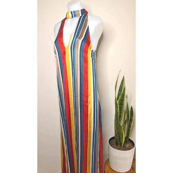 70's Style Striped Satin Maxi Dress Flowy Womens Festival A7 - Picture 4 of 15